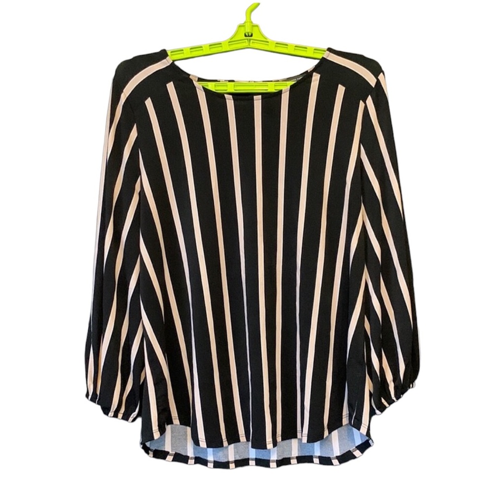 Adrianna Papell 3/4 Sleeve Yoke Detail Black and Cream Striped Blouse